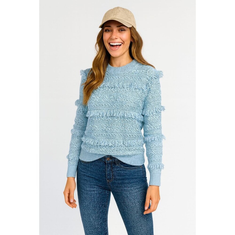 Style & Co Size Large Fringe Textured Sweater For Women Blue Fringe